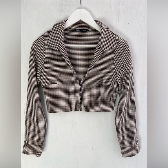 ZARA Black/Beige Houndstooth Cropped Blazer Jacket Button Front Top Size M - Picture 2 of 5